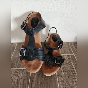Clarks Women's Black Wedge Sandals with Buckle Accents